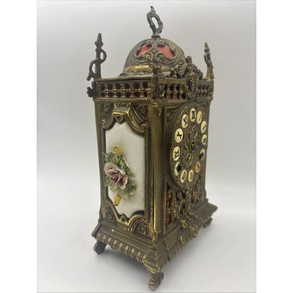 Antique Franz Hermle Ornate Brass Mantel Clock Mechanical 130-070 Roman Numerals